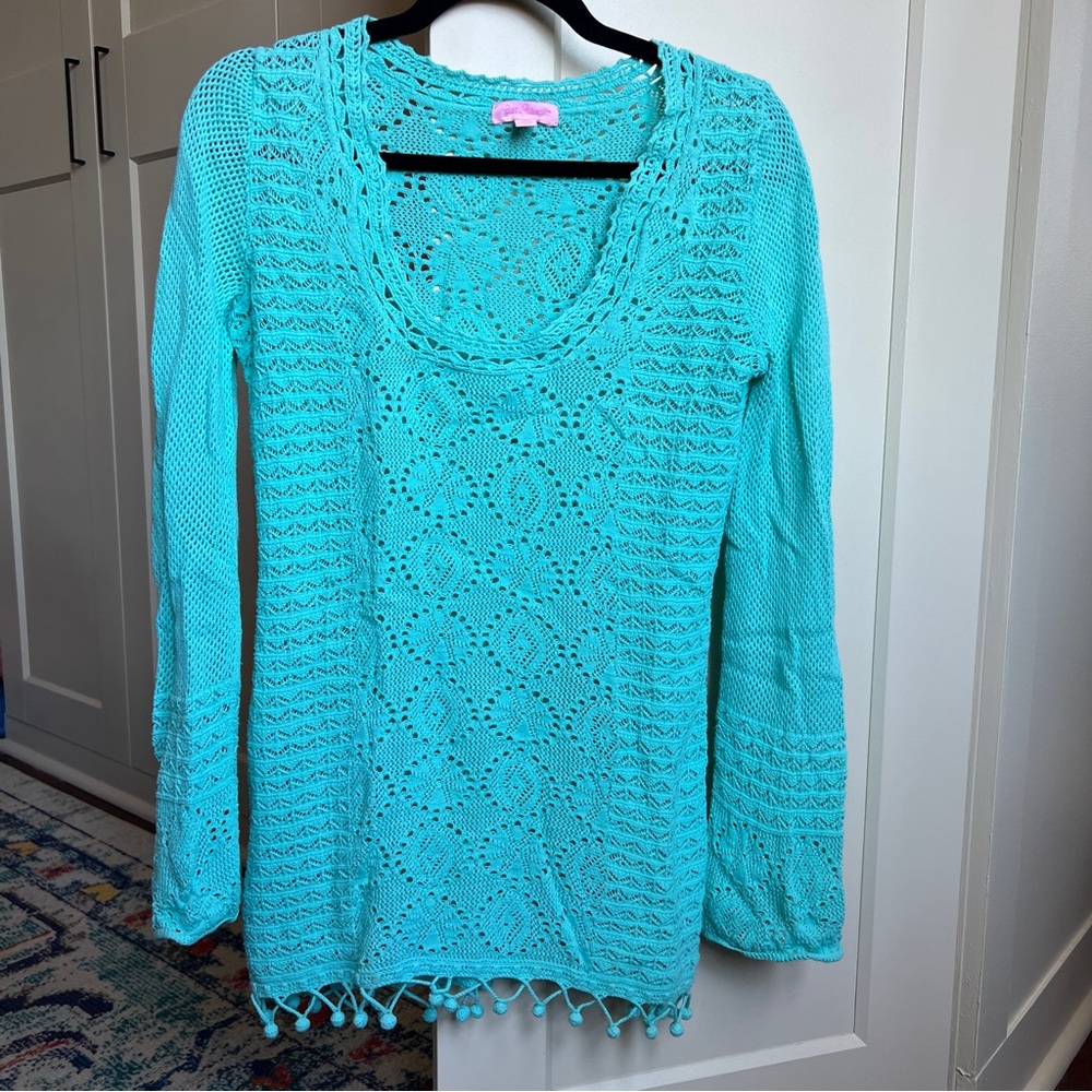 Lilly Pulitzer Athena Tunic Crystal Water Aqua Crochet Knit Pom Cover Up medium - Picture 2 of 5